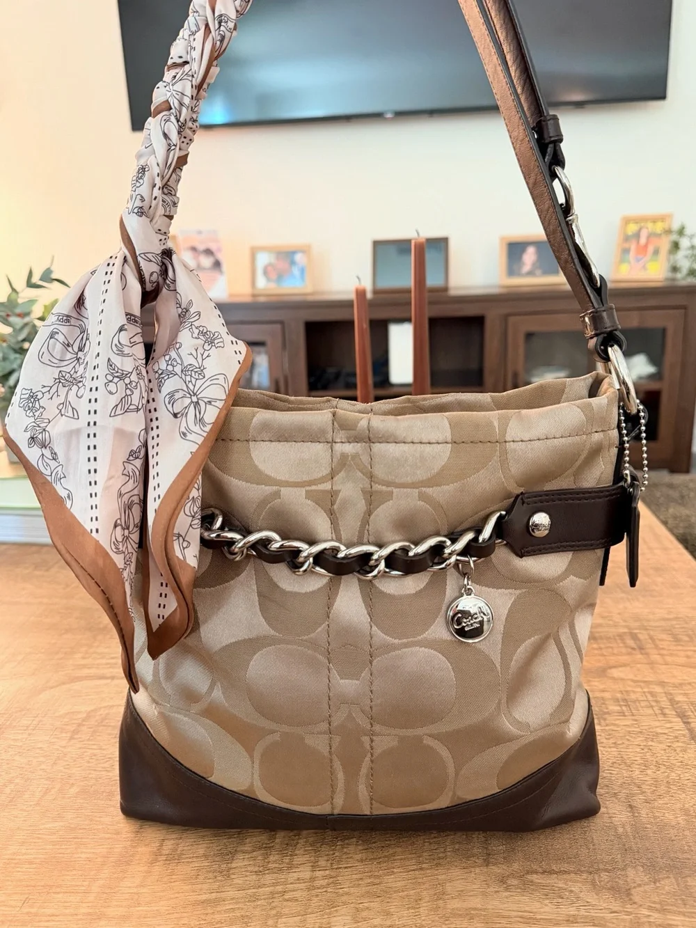 Y2K Aesthetic Coach Beige Signature Sateen Shoulder Bag with Brown Leather Trim